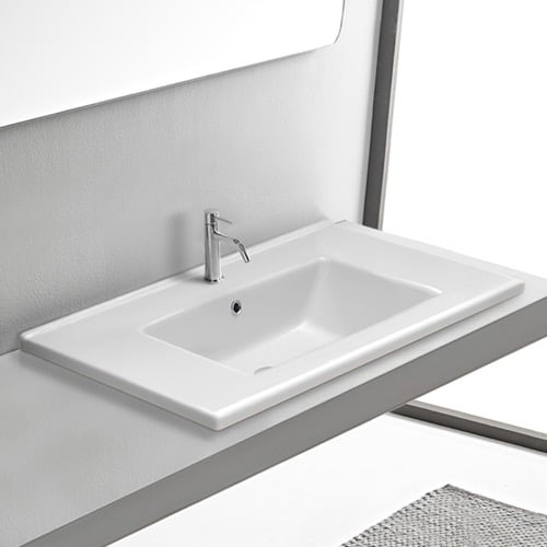 Drop In Bathroom Sink With Counter Space, White Ceramic, Rectangular Drop In Bathroom Sink With Counter Space, White Ceramic, Rectangular CeraStyle 067500-U/D